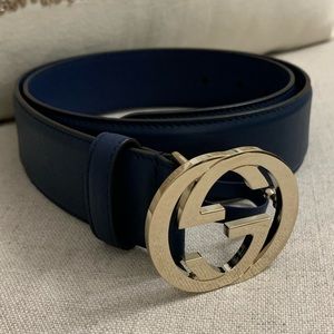 GUCCI Marmont GG Leather Belt Navy Size 80-32